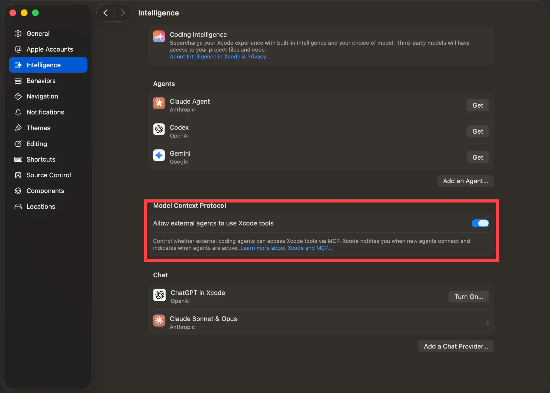 Xcode Intelligence 設定裡的 MCP 開關