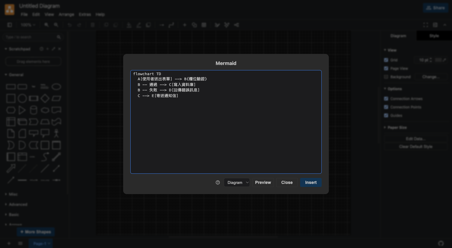 在 draw.io 的 Mermaid 對話框貼上語法